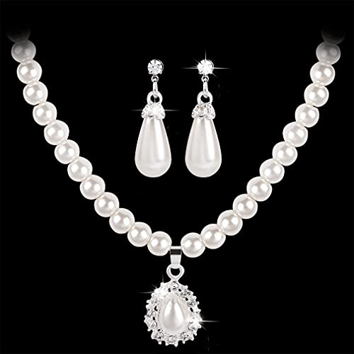 Wedity Bride Wedding Pearl Necklace Earrings Set Crystal Bridal Choker Necklaces Jewelry for Women and Girls (B)