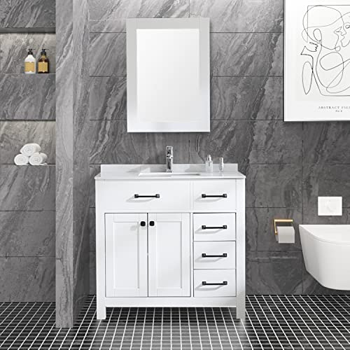 wonline 36 Bathroom Vanity Cabinet and Man-Made Stone Countertop Combo Undermount Ceramic Vessel Sink Chorme Faucet Drain with Mirror Vanities Set in White