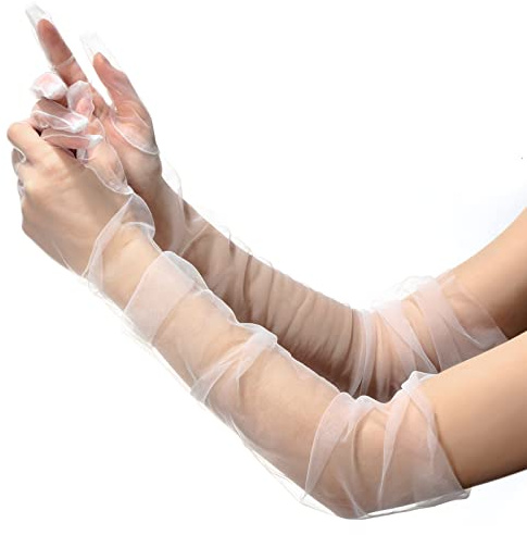 Tarpop Women's Long Mesh Tulle Gloves 27.5'' Sheer Party Opera Elbow Length Gloves for Wedding Bridal Dance Party(White)