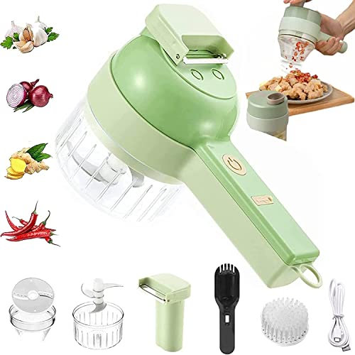 4-in-1-hand electro vegetable cutter set, vegetable cutter electrical vegetable cutter set, gatling vegetable tailor, wireless mini-electric garlic sludge, garlic chopper, cutting/587 ( Color : Grn ,