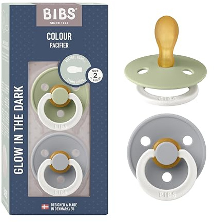 BIBS Colour Symmetrical Glow Napp 2-pack, BPA-fri, Symmetrisk sugdel. Naturgummilatex, Tillverkad i Danmark. Storlek 2 (2-pack), Sage Glow/Cloud Glow