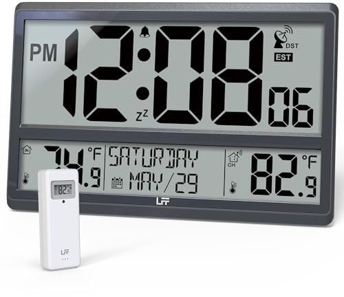 Reloj atómico, funciona con pilas, nunca necesita configuración, reloj de pared atómico con temperatura interior y exterior, sensor inalámbrico para exteriores, reloj de calendario digital de pantalla