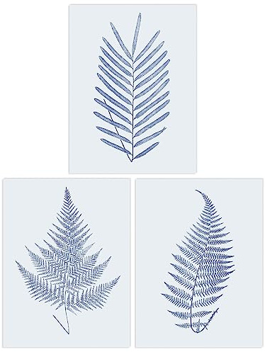 Wee Blue Coo Pack of 3 A4 Elegant Calming Fern Leaf Frond Blue on Grey Detailed Foliage Imprint Botanical Unframed Wall Art Living Room Prints Set
