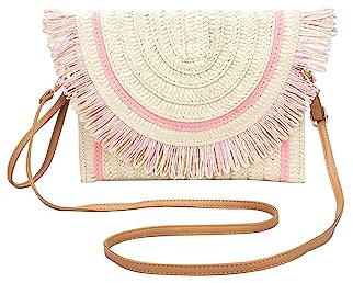 CORIOS Handgefertigte Strohtasche Damen Gewebte Tasche Sommer Strandtaschen Frauen Handtasche Böhmische Tote Beutel Handgewebt Basttasche Retro Schultertasche Umhängetasche mit Quaste Rosa