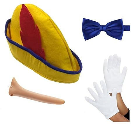Pinocchio - Kit per travestimento con cappello, naso, guanti e papillon, marionetta per adulti