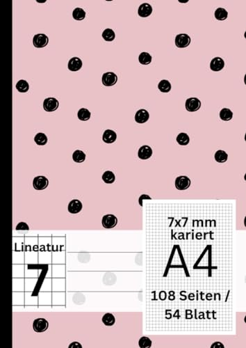 XXL Schulheft - 108 Seiten / 54 Blatt, 7x7 mm kariert, A4, Lineatur 7 mit weißem Rand: Geeignet als Matheheft, Schreibheft, Übungsheft für 1. und 2. Klasse - gepunktet rosa / pink