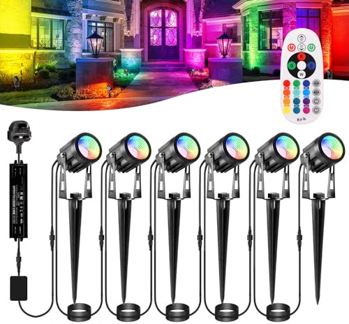 GreenClick Garden Spike Lights: Color Changing Garden Lights Mains Powered Waterproof, RGB Outdoor Spotlight Plug-in Outdoor Spotlights, 12V Timer Memory Remote for Wall Yard Landscape Christmas