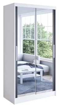 Easy4You K7 100 cm White/Black Sliding Doors Wardrobe 100 x 200 x 58 cm with Mirror - Bedroom Furniture, Storage - Multi-Purpose Cabinet