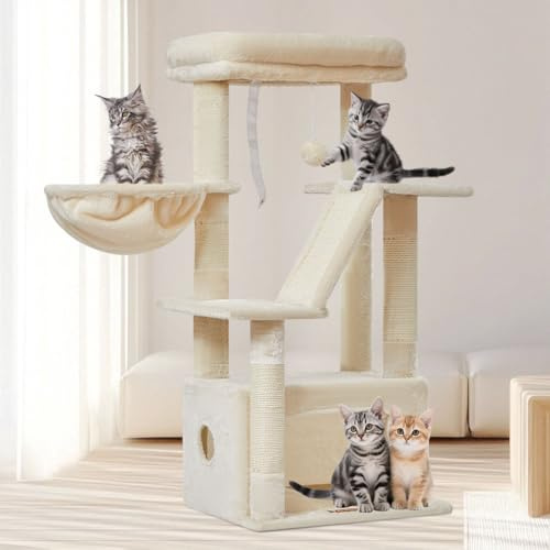 Taoqimiao Cat Tree, 98cm Cat Tower for Indoor Cats, Small Cat Tree | Cat Tree for indoor Cats with Cat Condo, Adjustable Basket and Luxurious Perch, Beige MS029SM