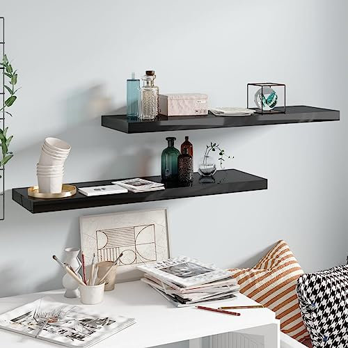 CIADAZ Wandregale Schwebend 2 STK. Hochglanz-Schwarz 90x23,5x3,8cm MDF, Schweberegal, Regal Wand, Bücherregal, Hängeregal, Regalbrett, Küchenregal, Kinderzimmer Regal, Wandboard