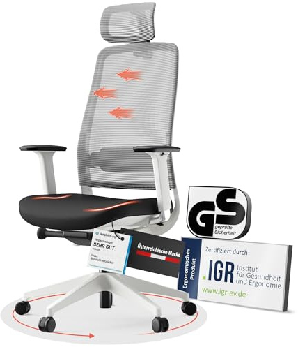 Yaasa Chair Expert Weiß, Bürostuhl hochwertig, zertifizierte Qualität, Büro | Innovative seitliche Wippfunktion für gesundes Sitzen, 4D-Armlehnen,2D-Kopfstütze, Synchronmechanik, Drehstuhl für Homeoffice