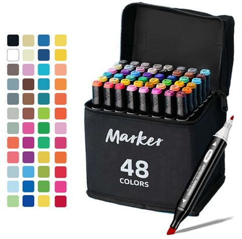 Alkohol Marker, 48 Farben Doppelseitiges Alkohol Marker Stifte Set mit Tragetasche, Graphic Marker Stifte für Kinder & Erwachsene, Kunst Marker Alkohol Stifte für Zeichnen, Illustration, Skizzieren