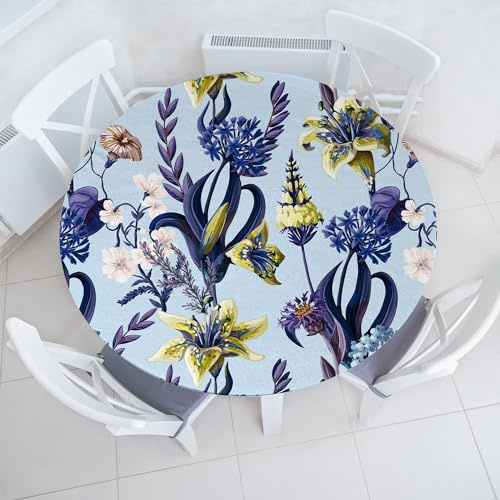 ABAKUHAUS Fleurs Sauvages Nappe Ronde élastique, Jungle Boho épanouissement de lys, Décor avec Poche de Tringle pour Cuisine et Chambre à Coucher, 90 cm x 100 cm, Verte Pommier Lavande Noire