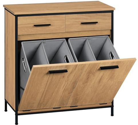 EUGAD Meuble de Salle de Bain, Placard de Rangement, avec Sac Intérieur Amovible avec Poignées, 40 x 78,9 x 80,2 cm, 2 Tiroirs et 2 Paniers à Linge, Meuble de Rangement, Chêne Clair + Noir, 0233WY