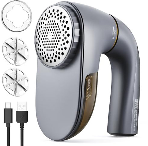 POPCHOSE Fabric Shaver, Lint Remover for Clothes, Lint Shaver with 6-Leaf Blades, 2 Speed Sweater Shavers to Remove Pilling for Clothing, Couch, Furniture, Fuzz, USB Rechargeble, Gray