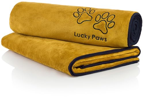 Lucky Paws® hundhandduk XL 140x70 cm – superabsorberande & lyxigt mjuk hundhandduk – snabbtorkande mikrofiber hundbadhandduk – premium hundhanddukar (2-pack, Ockra)