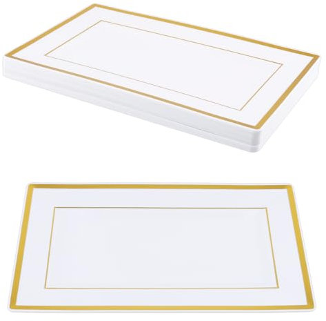 SINJEUN 15 PCS Plastic Serving Platter, 33 x 20 x 1.5cm White Gold Edge Square Dining Plates, Food Serving Trays for Weddings, Birthday Parties