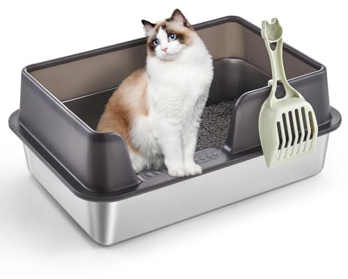 XL Stainless Steel Cat Litter Box, Large Cat Litter Tray with High Sides Anti Leakage, Odor Control, Metal Litter Box with Anti-slip Bottom, Easy Cleaning Kitten Litter Tray for Cats, Black