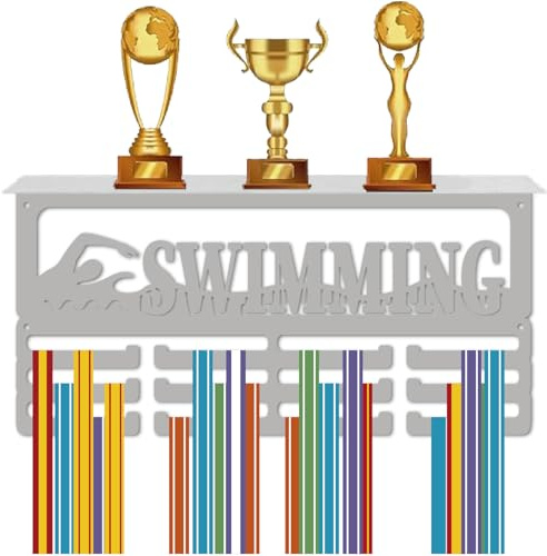 CREATCABIN Medaillenhalter Schwimmsport Eisen Medaillenständer Wandhalterung Dekoration 3Leine Separate Haken Organizer Für Rennauszeichnungen Für Schwimmsportler Medaillen Bänder Hängedisplay 40x20cm