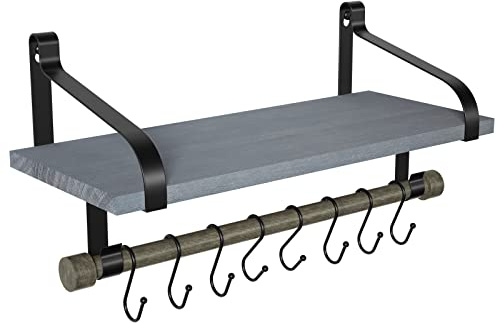 Love-KANKEI Wall Shelves for Kitchen Rustic Wood | Kitchen Organizer with Hooks, Floating Shelves with Wood Rail Grey