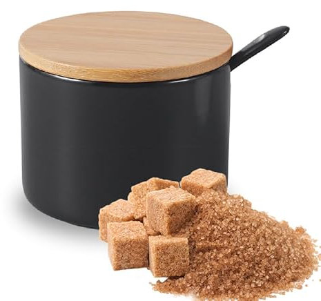 Pullmer Azucarero de cerámica con tapa de madera de bambú y una cuchara de azúcar, recipiente para azúcar (Ronnie negro)