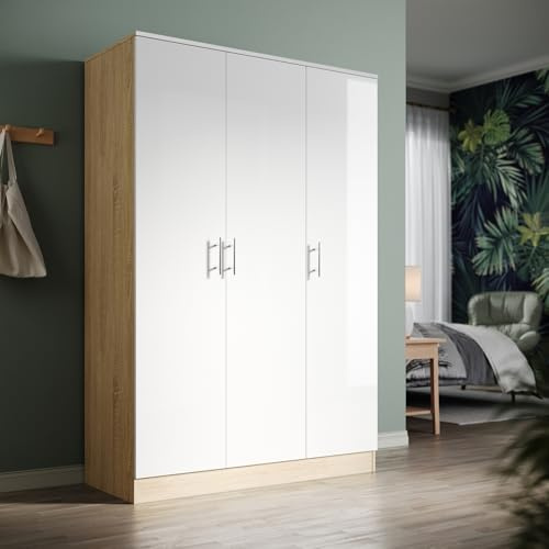 ZANOFIRA 3 Doors Wardrobe with Hanging Rail and 5 Shelves, Modern High Gloss & Matt Wardrobes with Large Capacity for Bedroom, White Oak