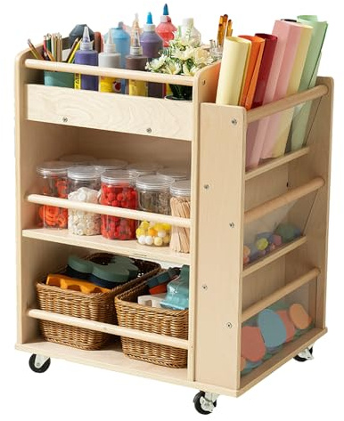 kidi house Holz-Kunstwagen, Birken-Bastelwagen mit Rädern, multifunktionaler mobiler 3-stöckiger Kunstwagen-Organizer für Kinder, Kunst- und Bastelbedarf, Montessori-Möbel für Büro, Kinderzimmer,