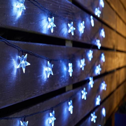 Set of 100 Solar Powered Star Bulb String Lights – 15 Lumen Outdoor Garden Festoon Fairy Lighting with Cool White LEDs for Wall, Fence, Tree, Parasol, Gazebo, Parties – Total Length 21.8m