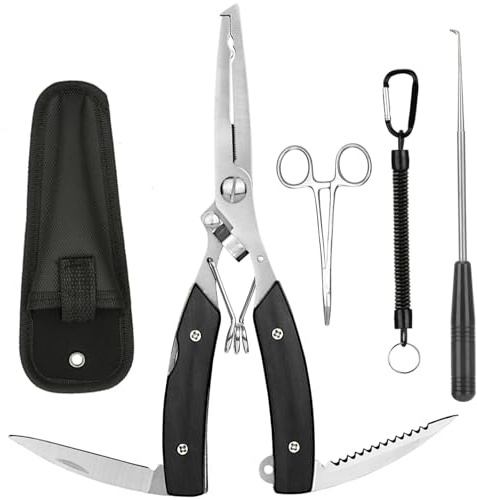 GisWell 5 stycken fisketillbehörsset med beteskrokare, fiskmuntång, tygpåse, krokningsanordning, tång, fiskelina för kroklösare, sprängring