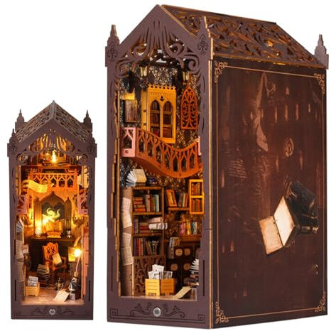 DIY Book Nook Kit de Maison de Poupées Miniatures en Bois,Maison a Construire avec Meubles et lumière LED, DIY Miniature House Cadeau de Bricolage pour Adultes(Bibliothèque)