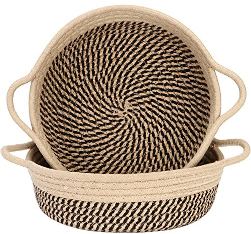 Sea Team 2-Pack Cotton Rope Baskets, 10 x 3 Inches Small Woven Storage Basket, Fabric Tray, Bowl, Round Open Dish for Fruits, Jewelry, Keys, Sewing Kits (Mottled Flaxen & Khaki)