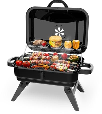 BBQCuker Tragbarer Holzkohlegrill mit Warmhalterost, Kleiner Tischgrill Klappbare Beine, Verstellbare Entlüftung, Insgesamt 343 Sq.In.Cooking Space, Outdoor BBQ Grill für Camping und Picknick (Schwarz