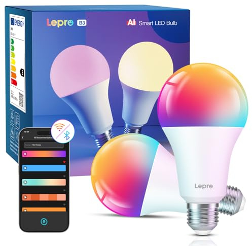Lepro B3 AI Lampadina Smart E27, 1521LM RGB&Luce Bianca Regolabile, Progettista Illuminazione AI Personalizzato, Funziona con Alexa/Google Assistant, Connessione Wi-Fi e Bluetooth, Sync Musicale, 2pcs
