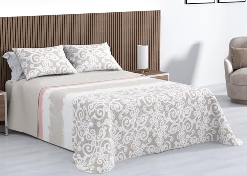 Kimbatex Colcha Bouti Estampada 100% Microfibra Termosellada, Diseños EOS, Talia y Nereida, Reversible con Fundas de Cojín (Nereida Beige, Cama 135cm 235x260cm + 2 Cojines)