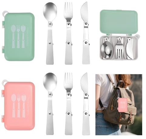 DIYJEP 2 Set Foldable Travel Cutlery Set with Case, Stainless Steel Camping Cutlery, Portable Reusable Spoon Fork Knife Utensils Flatware Tableware for Kids Adult School Office Outdoor (Pink + Green)