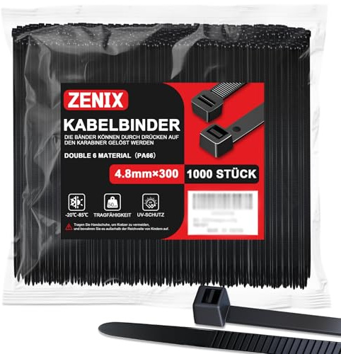 ZENIX Kabelbinder Schwarz 4.8mm x 300mm, 1000 Stück Kabelbinder UV Beständig lang, Schwarze Binder mit 28Kg, Zugfestigkeit Kann für Innen- und Außenbereich, Haushalt, Büro
