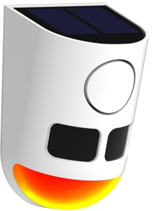 WONFAST Allarme solare a infrarossi per esterni, rilevatore di movimento, sirena da 129 dB, allarme sonoro con 13 suoni, 6 LED rossi lampeggianti, luce stroboscopica di sicurezza per esterni, villa