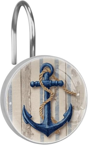 12 Pcs Vintage Anchor Round Shower Curtain Hooks Stainless Steel Decorative Hanger Rings for Bathroom Kitchen Bedroom Curtain Rods