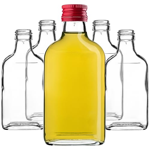 KADAX Lot de 5 gourdes plates en verre 200ml – Petites fioles à bouchon vissant pour liqueurs, alcools & décorations
