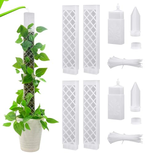 GROOFOO Moss Stick for Monstera Trellis - 66.5 cm Climbing Aid Set with 4 Moss Sticks Transparent + 2 Watering Aids + 2 Sockets + Propagation Compartments + 100 Cable Ties