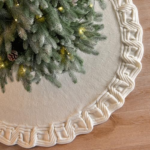 DEMIUKO 90cm Weihnachtsbaum Decke Weiß Gestrickt Christbaumrock mit Rüschen