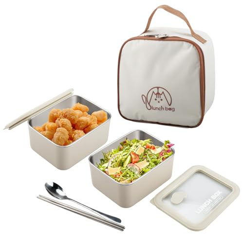suaywo 2 Items Stainless Steel Containers with Lids 600ml Leakproof Lunch Box Stainless Steel Food Containers Beige Insulated Bags and Cutlery Reusable, Stackable for Cheese, Charcuterie, and Picnics