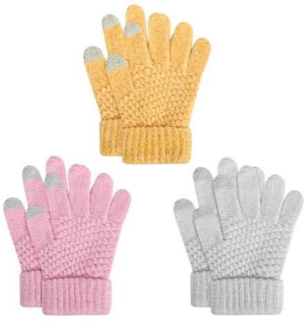 TAGVO 3 Pares de Guantes Cálidos de invierno para Niños de 3 a 8 Años, Guantes de lana tejidos a mano Guantes Termicos de Punto con Forro Polar Guantes Táctiles para Niños y Niñas