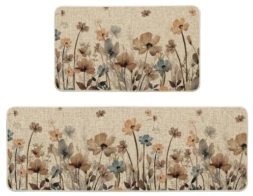 Artoid Mode Set di 2 tappeti da cucina con foglie di fiori selvatici, lavabile, decorazione per interni ed esterni, 43 x 73 e 43 x 118 cm