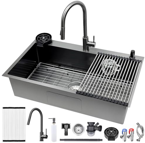 Fregadero Cocina 80x50cm de Acero Inoxidable Gris Negro, Con Grifo Extraíble, Rejilla de Drenaje, Enjuagador de Vasos, Dispensador de Jabón, Sifón Lavabo Desagüe, Bajo Encimera o Sobre Encimera 1 Seno