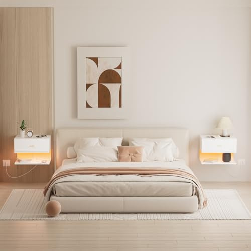 Ztexkee Lot de 2 Tables de Chevet Murales Table de Nuit avec Prise et Bande Lumineuse RVB Tables de Chevet Suspendue avec 1 tiroir et 2 Compartiment pour la Chambre à Coucher, Le Salon Blanc