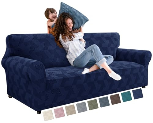 XINEAGE Stretch-Sofabezüge, 3-Sitzer, 1 Stück, Sofabezüge mit rutschfestem Design, weiche Couchüberzüge, waschbarer Möbelschutz für Hunde/Haustiere, mit geometrischem Jacquard-Stoff (Sofa, Marineblau)
