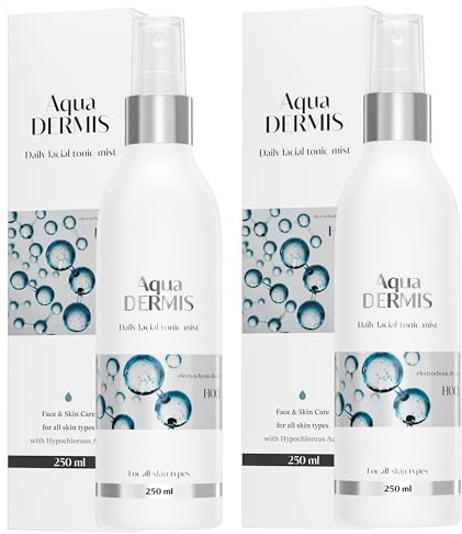 AquaDERMIS 250 ml Tonic-Mist, sparande duo-pack (2 × 250 ml) | Ansiktsspray med hypoklorsyra (HOCl), lugnande och fuktgivande dimma för känslig, fet, akne, rosacea eller irritation