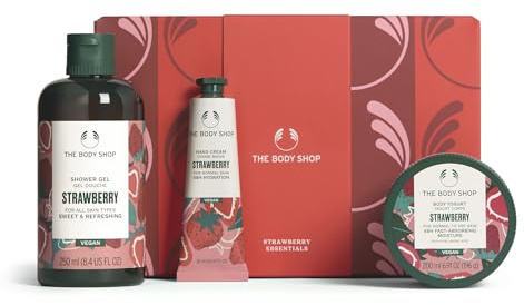 The Body Shop Strawberry Essentials Gift Set, Shower Gel 250ml, Body Yogurt 200ml, Hand Cream 30ml, Fruity Body Care Set, 48hr Hydration, Softening, Gentle Cleanse, Vegan Skincare Gift
