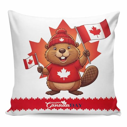 Happy Canada Day Throw Pillow Cover Red Maple Leaf Flag Beaver Animal Cotton Linen Cushion Cover Throw Pillow Case with Invisible Zipper for Couch Sofa Bed Chair Car 26x26 Inch